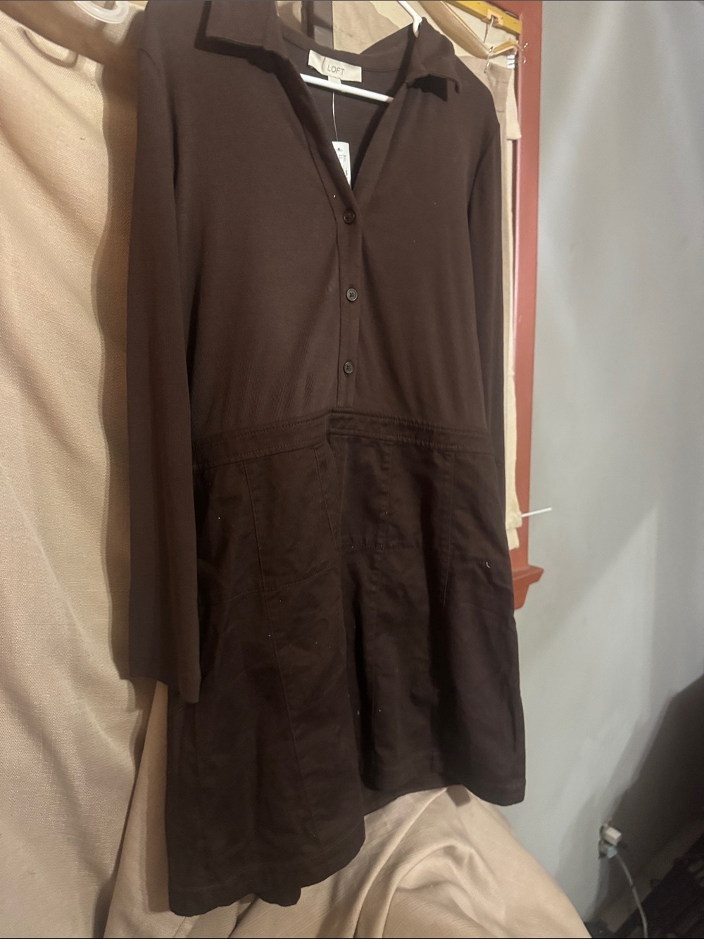 LOFT Brown Button-Front Collared Long-Sleeve Dress S-1
